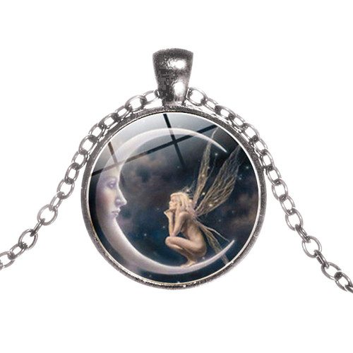 Women's Fashion Pendants - Vintage Women Moon Angel Cabochon Glass Pendant Sweater Chain Necklace Jewelry - Jewery for Women Girls