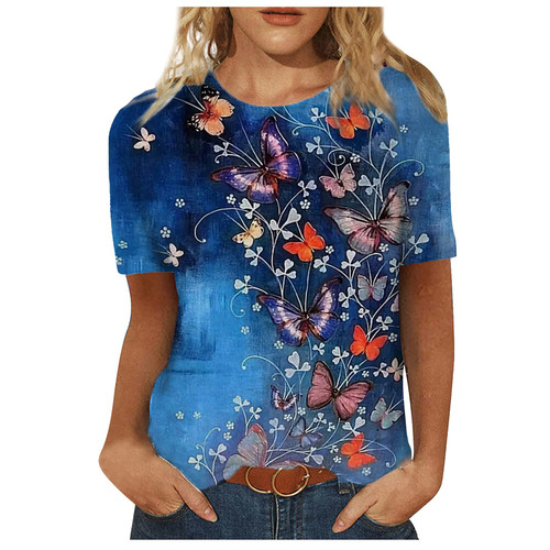 Tops for Women,3/4 Sleeve Shirts for Women Summer Casual Print Tops Round Neck Loose Pullover Comfy Soft Blouses