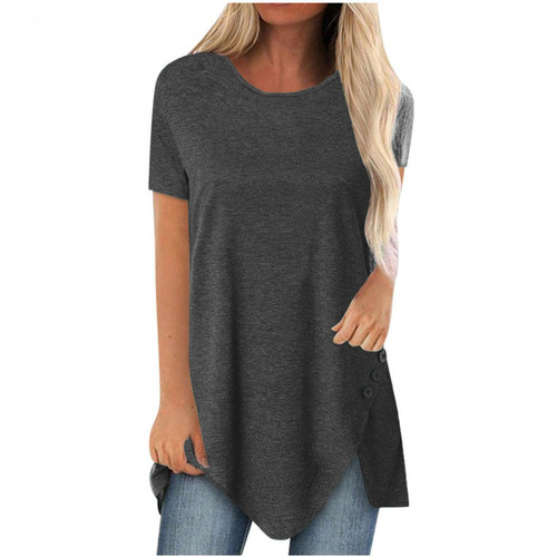 Women Summer Plus Size Tops Casual Round Neck Short Sleeve Long Shirts Solid Loose Irregular Button T-Shirt Blouses Gray