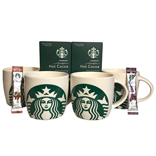 Starbucks Share The Cheer 4 14 Ounce Mugs, 2 Starbucks Via Packets, And 2 Classic Cocoa Packet Bundle