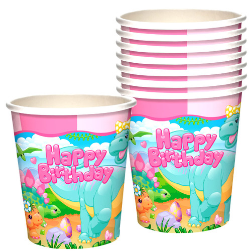 Girl Dinosaur Cups 8ct - 9oz Dinosaur Cups for Kids - Girl Dinosaur Party Decorations - Dinosaur Decorations for Birthday Party - Girl Dinosaur Party Supplies - Dinosaur Party Decor