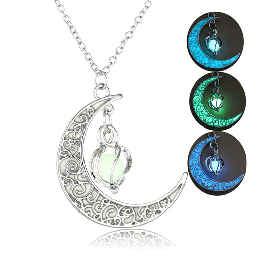 Dark Luminous Silver Crescent Moon and Orb Necklace Glowing Blue Moon Charm - Magical Fantasy Fairy Glowing Necklace - Glow Jewelry Gift (One Size, A)