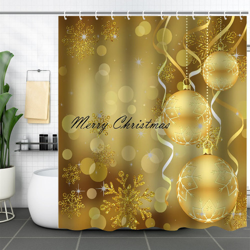 Merry Christmas Shower Curtain Winter Snowflake Shower Curtain Golden Ball Bathroom Shower Curtain Decor,Xmas Waterproof Fabric Shower Curtain with Hooks, 72x72 Inch