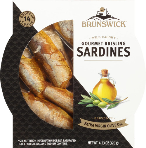 Wild Caught Gourmet Brisling Sardines in Extra Virgin Olive Oil, 4.23 oz Can - Wild Caught Sardines - 14g Protein per Serving - Gluten Free, Keto Friendly Wild Caught Gourmet Brisling Sardines in Extra Virgin Olive Oil, 4.23 oz Can - Wild Caught Sardines - 14g Protein per Serving - Gluten Free, Keto Friendly