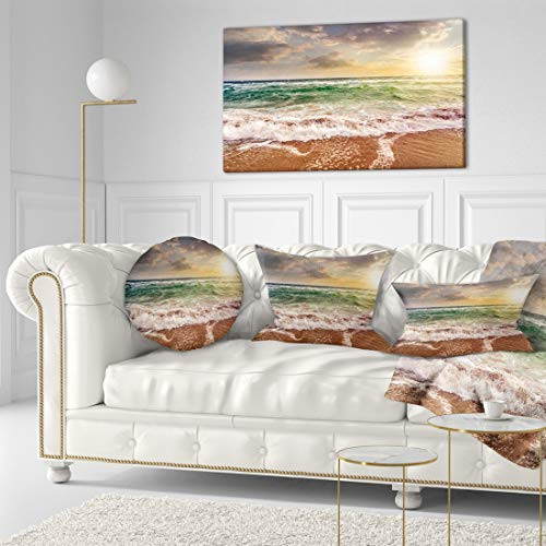 Design Art PT10553-40-20 Sandy Beach Washed by Waves-Seashore Canvas Wall Art-40X20, 40x20, Green