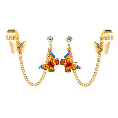 Cuff Chain Earrings for Women,Cuffs Tassel Earrings Butterfly, Ear Cuff Draping Chain Stud Earrings for Girls Gifts (Gold Yellow Blue Butterfly)