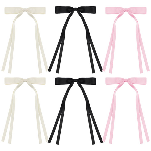 6 PCS Hair Bow Clips, Tassel Ribbon Bows for Hair Satin, Hair Ribbon Bowknot Hair Clips with Long Tail, Silky Satin Hair Bow Clips Hair Accessories for Women Girls (Beige Black Pink) 6 PCS Hair Bow Clips, Tassel Ribbon Bows for Hair Satin, Hair Ribbon Bowknot Hair Clips with Long Tail, Silky Satin Hair Bow Clips Hair Accessories for Women Girls (Beige Black Pink)