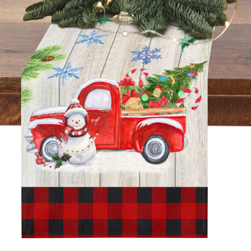 Christmas Table Runner Vintage Red Truck Xmas Tree Buffalo Plaid Check Linen Dining Table Runner Winter Xmas Holiday Burlap Table Runners for Home Kitchen Dining Party Decor 13x72 Inch