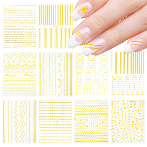 Gold Lines Nail Art Stickers, 10 Sheets Nail Striping Tape Self Adhesive Metallic Curve Stripe Line Wave Design Gold Sticker Decals for DIY Nail Art Decorations Gold Lines Nail Art Stickers, 10 Sheets Nail Striping Tape Self Adhesive Metallic Curve Stripe Line Wave Design Gold Sticker Decals for DIY Nail Art Decorations