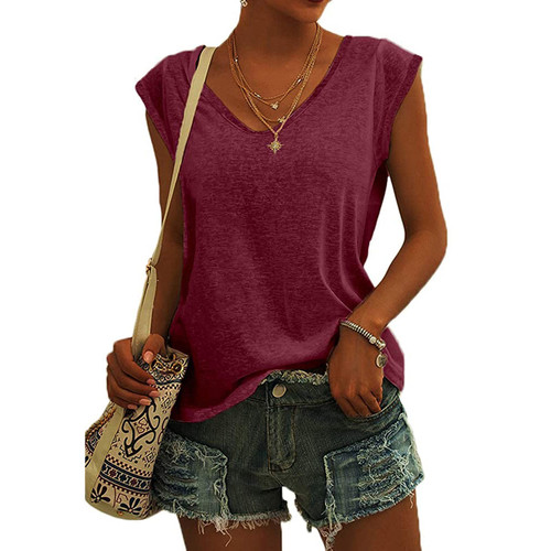 Women Shirts Summer Cap Sleeve Casual Loose Fit Basic V Neck T-Shirts Tanks Tees Tops Blouses Wine Small