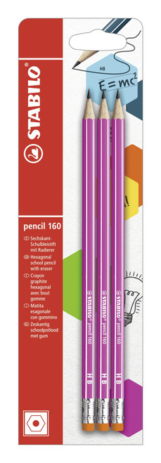 Graphite Pencil with Eraser - Pencil 160 - Pink - Pack of 3 - HB