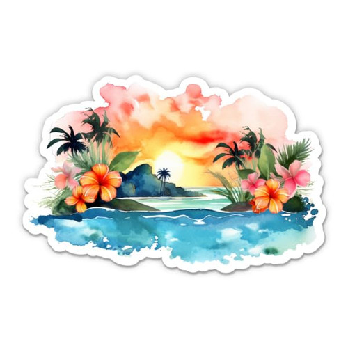 Tropical Island Pretty Watercolor Sticker - 3" Laptop Sticker - Waterproof Vinyl for Car, Phone, Water Bottle - Ocean Beach Vacation Decal