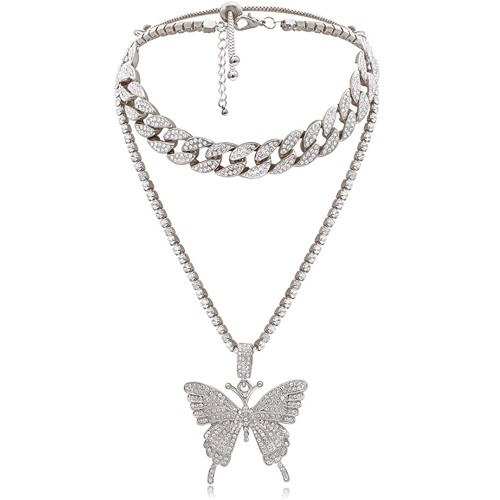 Big Butterfly Pendant Statment Necklace Rhinestone Chain for Women Girl Bling Gold Silver Crystal Layered Choker Necklaces Accessory for Hip Hop Lovers Big Butterfly Pendant Statment Necklace Rhinestone Chain for Women Girl Bling Gold Silver Crystal Layered Choker Necklaces Accessory for Hip Hop Lovers