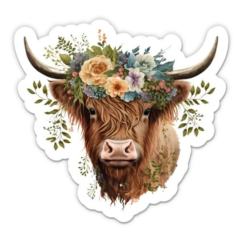 Highland Cattle Sticker - 3" Laptop Sticker - Waterproof Vinyl for Car, Phone, Water Bottle - Floral Cow Decal