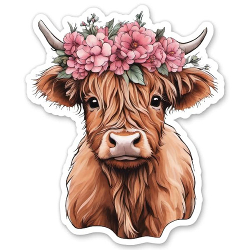 Highland Cow Sticker - 3" Laptop Sticker - Waterproof Vinyl for Car, Phone, Water Bottle - Floral Pretty Cow Decal