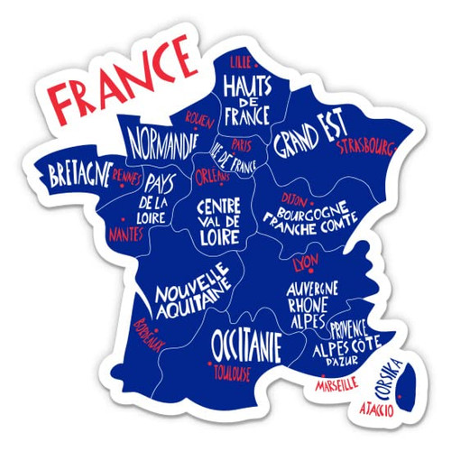 France Map with Regions - 3" Vinyl Sticker - for Car Laptop Water Bottle Phone - Waterproof Decal