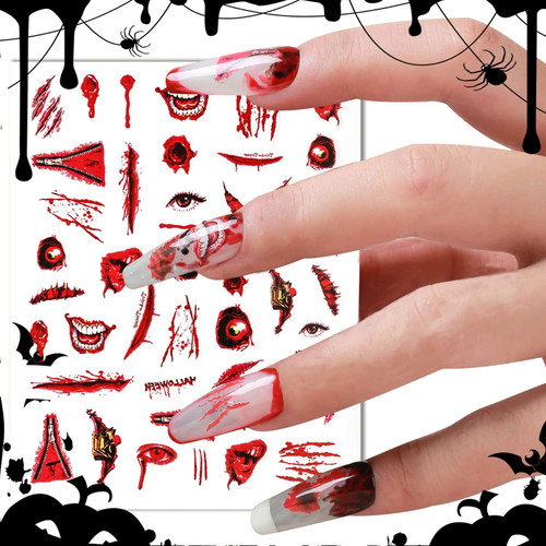 6 Sheets Halloween Nail Stickers, Halloween Nail Art Decals 3D Self Adhesive Nail Supplies Ghost Witch Mouth Eye Skull Spider Pumpkin Halloween Nail Design Halloween Nail Art Decoration for Nail Art