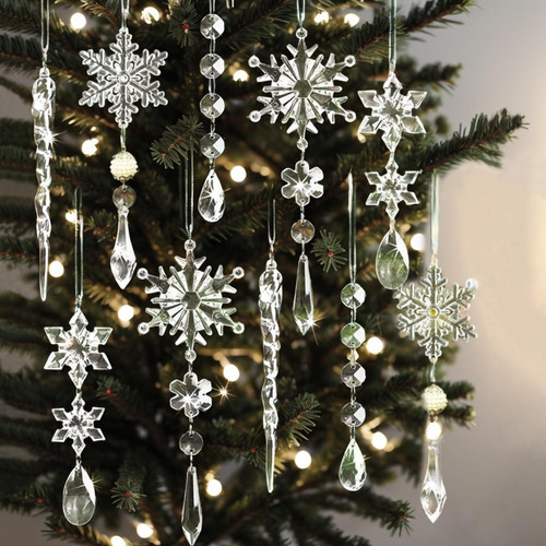 Crystal Snowflake Ornaments, 10pcs Crystal Christmas Ornaments Including Acrylic Snowflake and Icicle Ornaments with Drop Pendants for Christmas Tree Decorations, Hanging Ornaments for Christmas