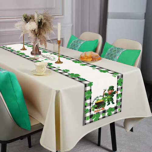 St Patricks Day Table Runner, 13 x 72 Inches Buffalo Plaid Gnomes Shamrocks Burlap Irelan Kitchen Dining Table Decorations Home Decor