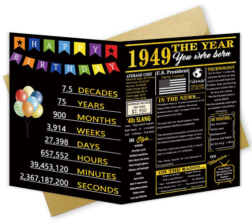 Happy 75th Birthday Gift Card for Women Men, Perfect Birthday Gifts for 75 Year Old Mom Dad Friends, Funny 75 Bday Decorations, Jumbo Back in 1949 Birthday Card Happy 75th Birthday Gift Card for Women Men, Perfect Birthday Gifts for 75 Year Old Mom Dad Friends, Funny 75 Bday Decorations, Jumbo Back in 1949 Birthday Card