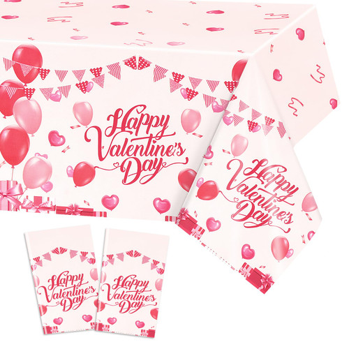 2PCS Valentines Day Table Covers, Red Love Heart Table Cloths Disposable Plastic Rectangular Happy Valentines Day Tablecloth for Valentine's Day Decoration Party Supplies 54" X 108" (B)