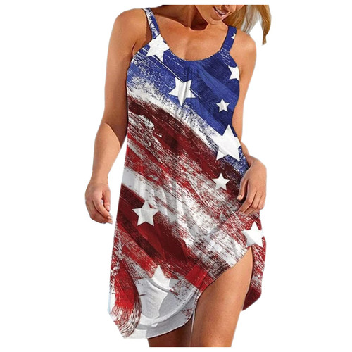 Summer Dresses for Women Beach American Flag Patriotic Cute Dress Sundress Sleeveless Casual Boho Tank Dress