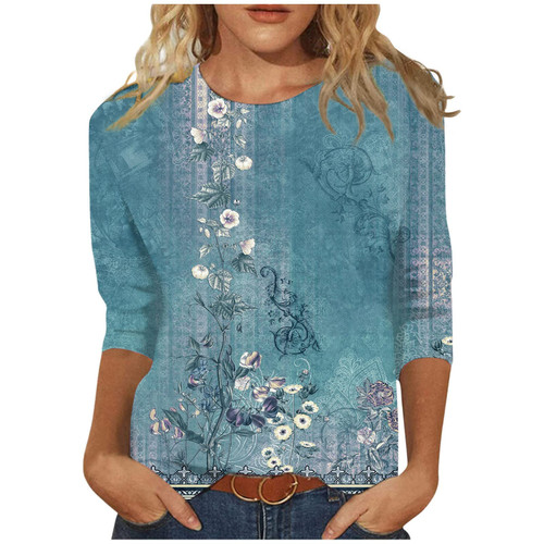 3/4 Sleeve Tops for Women Work Casual,3/4 Length Sleeve Womens Tops Plus Size,3/4 Sleeve Shirt for Women,Womens Tops 3/4 Sleeve Shirts Round Neck Loose Casual Blouses Floral Print Tshirts