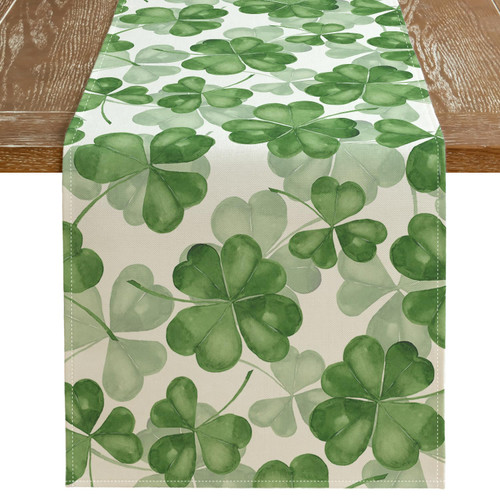 St Patricks Day Table Runner 13x36 Inches, Green Shamrock Lucky Spring Seasonal Farmhouse Burlap Indoor Kitchen Dining Table Decorations for Home Party AT074-36