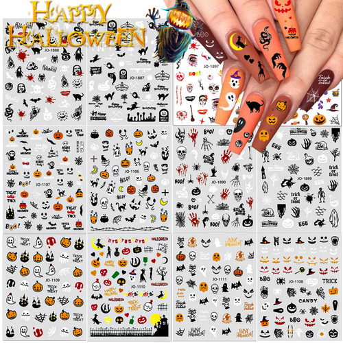 12 Sheets Halloween Nail Stickers Decals, Self-Adhesive 3D Halloween Nail Art Stickers Pumpkin Skull Spider Ghost Bat Mixed Pattern Nail Decals for Halloween Party Favors Nails Decoration