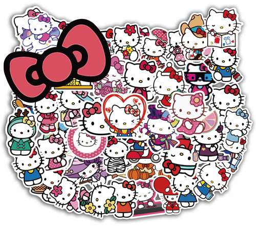 Hello Cute Kitty Cat Stickers Pack 50PCS Kawaii Cartoon Stickers for Kids Teens Aults, Vinyl Waterproof Stickers for Water Bottles Laptop Scrapbook Luggage Phone