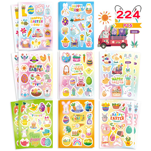224PCS Easter Stickers for Kids, Easter Themed Stickers, Egg Bunny Stickers,Easter Decorations Gift,Easter Basket Stuffers,Kids Party Favor Supplies
