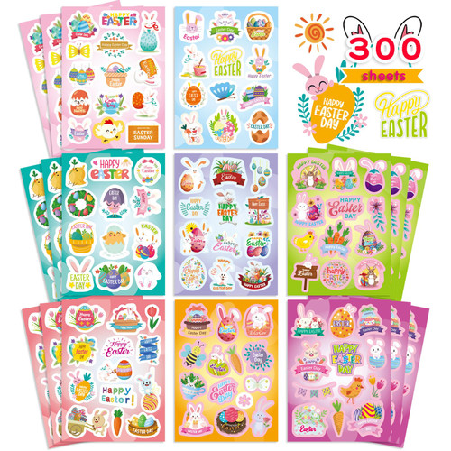 300PCS Easter Stickers,Easter Themed Stickers, Egg Bunny Stickers,Easter Decorations Gift,Easter Basket Stuffers,Kids Party Favor Supplies