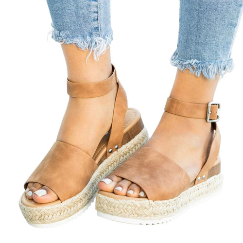Espadrilles for Women Wedge,Women's Platform Sandals Espadrille Wedge Ankle Strap Studded Open Toe Sandals Brown