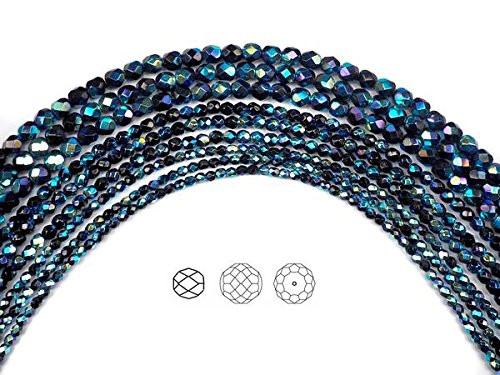 8mm (51 Beads) Jet Full AB (AB2X), Czech Fire Polished Round Faceted Glass Beads, 16 inch Strand