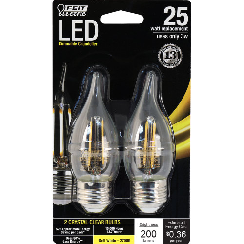 Feit Electric BPEFC25/827/LED/2 25W Equivalent Clear Dimmable Chandelier Flame Tip Med Base LED Light Bulb (2 Pack), Soft White