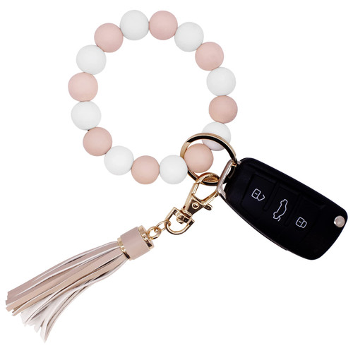 Silicone Key Ring Bracelet Beaded Wristlet Silicone Key Ring Bracelet Wristlet Beaded Bangle Keychain Elastic Portable Car Keyrings Chains for Women Girls Keyring Bangle Chains