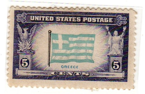 Postage Stamps United States. One Single 5 Cents Blue Violet, Pale Blue & Black, Flag of Greece, Overrun Countries Issue, Stamp Dated 1943-44, Scott #916.