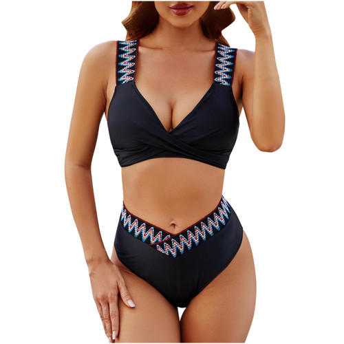 Women Two Piece Swimsuits Criss Cross Tummy Control Bathing Suit High Waisted Wrap Bikini Tie Back Swimwear 2 Piece Black