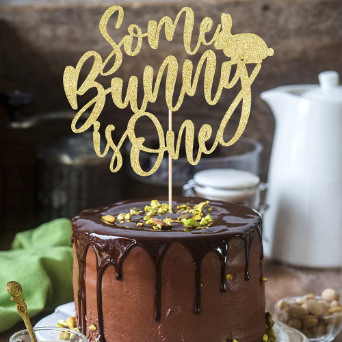 Some Bunny is One Cake Topper,Glitter Rabbit Bunny First Birthday Cake Decor Happy Easter Baby Shower Party Decorations (gold)