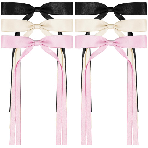 6 PCS Hair Bows for Women, Satin Hair Ribbon Hair Bows Metal Bow Hair Clips with Long Tail, Tassel Bowknot Hair Clips Hair Barrettes Hair Accessories for Women Girls Teens Kids