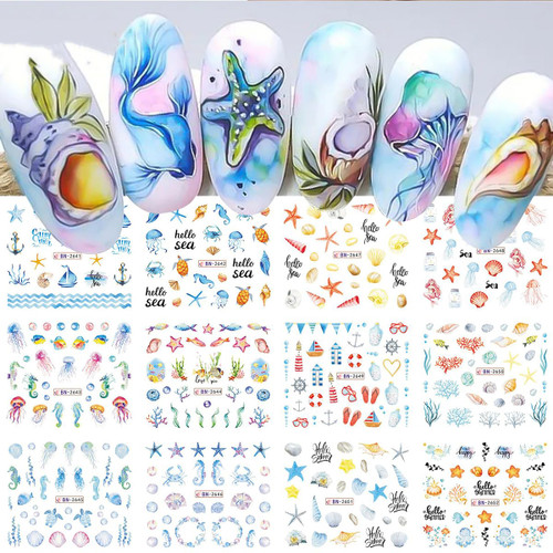 Summer Nail Art Stickers Ocean Nail Decals Water Transfer Shell Starfish Mermaid Design Nail Stickers for Women Girls Manicure Tip Nail Decoration