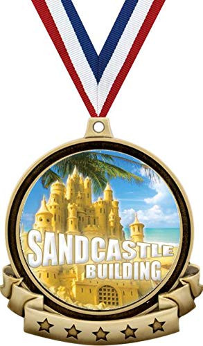 Sandcastle Building Competition Medals - 2.5" Gold Sandcastle Medal Award Includes Red White and Blue Neck Ribbon, Great Sandcastle Building Awards 1 Pack