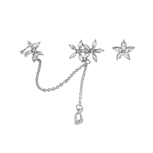 Cuff Earrings Chain Moon Star Ear Cuff Wrap Clip On Clawler Climber Hoop Butterfly Tassel Earrings CZ Inlay Crawler Earring Studs Dangling Chain Earrings Flower Chain Tassel Earrings-Flower