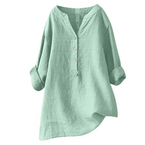 2024 Womens Tops Dressy Casual Cotton Linen Shirts Long Sleeve Button V Neck Loose Fit Blouses Summer Comfy Ladies Tunics Green