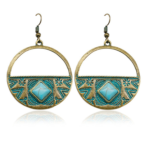 Handmade Boho Earrings for Women Girls Unique Vintage Bohemian Ethnic Tibetan Turquoise Engraved Flower Pattern Round Geometric Dangle Drop Statement Earrings Handmade Jewelry Gifts (Bronze)