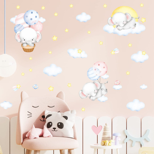 Elephant Wall Stickers Balloon Stars Cloud Wall Decals Baby Girl Room Decor for Nursery Peel and Stick Wall Decoration for Kids Bedroom Playroom and Party