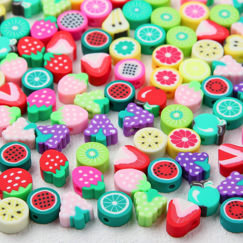 100pcs Polymer Clay Beads Fruit Heishi Spacer Beads Supplies Loose Spacer Beads for DIY Bracelet Earring Necklace Jewelry Making (Fruit)