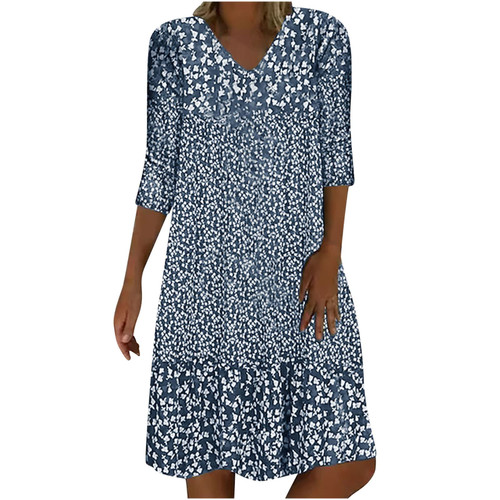 3/4 Sleeve Dresses for Women, Womens Summer Short Sleeve V Neck Tshirt Dress Floral Printed Beach Flowy Sundresses midi Dresses for Women Vestidos Sexy Dresses for Women Chiffon Dresses Blue