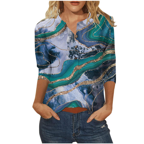 3/4 Length Sleeve Shirts for Women 2023 Button Printed Dressy Casual Blouse Tops Crewneck Loose Trendy Pullover Tshirt Green