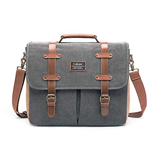 LOKASS Mens Messenger Bag 15.6 Inch Canvas Leather Laptop Bag Shoulder Handbag Business Briefcase Large Vintage Satchel Bookbag Crossbody Bag Computer Bag Case for Men, Work, College, Gray